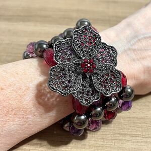 Gunmetal Flower Bracelet Purple Red Beaded Rhinestone Chunky Statement Stretch